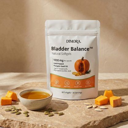 DIMORA Bladder Balance supplement package with pumpkin pieces and seeds on a stone surface.