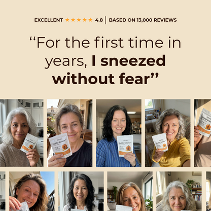Collage of women holding a product with text about sneezing without fear.