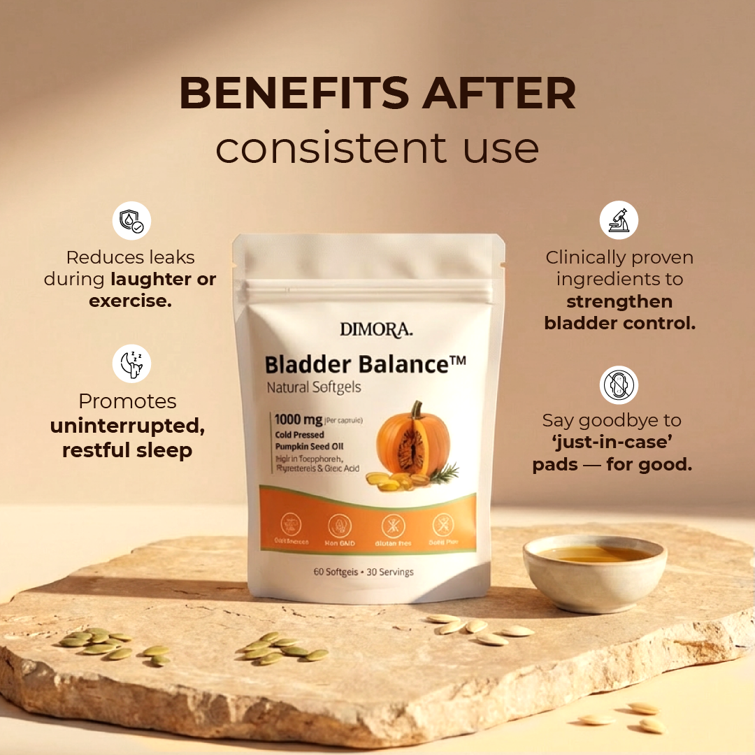 DIMORA Bladder Balance supplement package on a wooden surface with benefits listed.