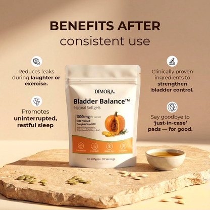 DIMORA Bladder Balance supplement package on a wooden surface with benefits listed.