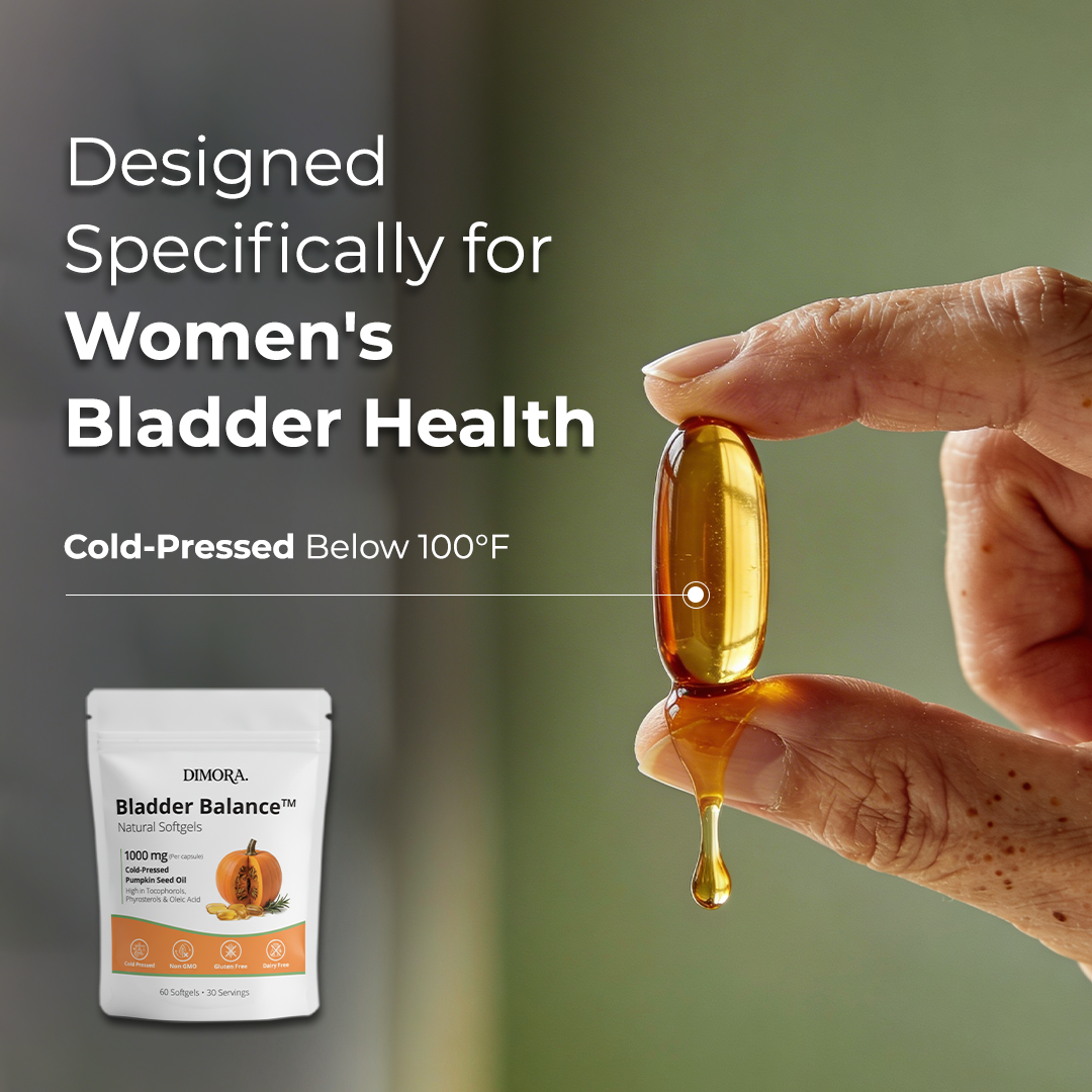 Hand holding a dropper with liquid next to a package labeled 'Bladder Balance' for women's bladder health.
