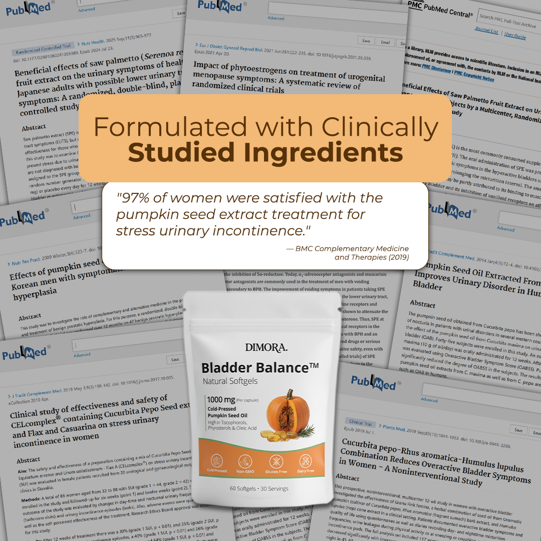 DIMORA Bladder Balance supplement package on top of PubMed articles with text about clinically studied ingredients.